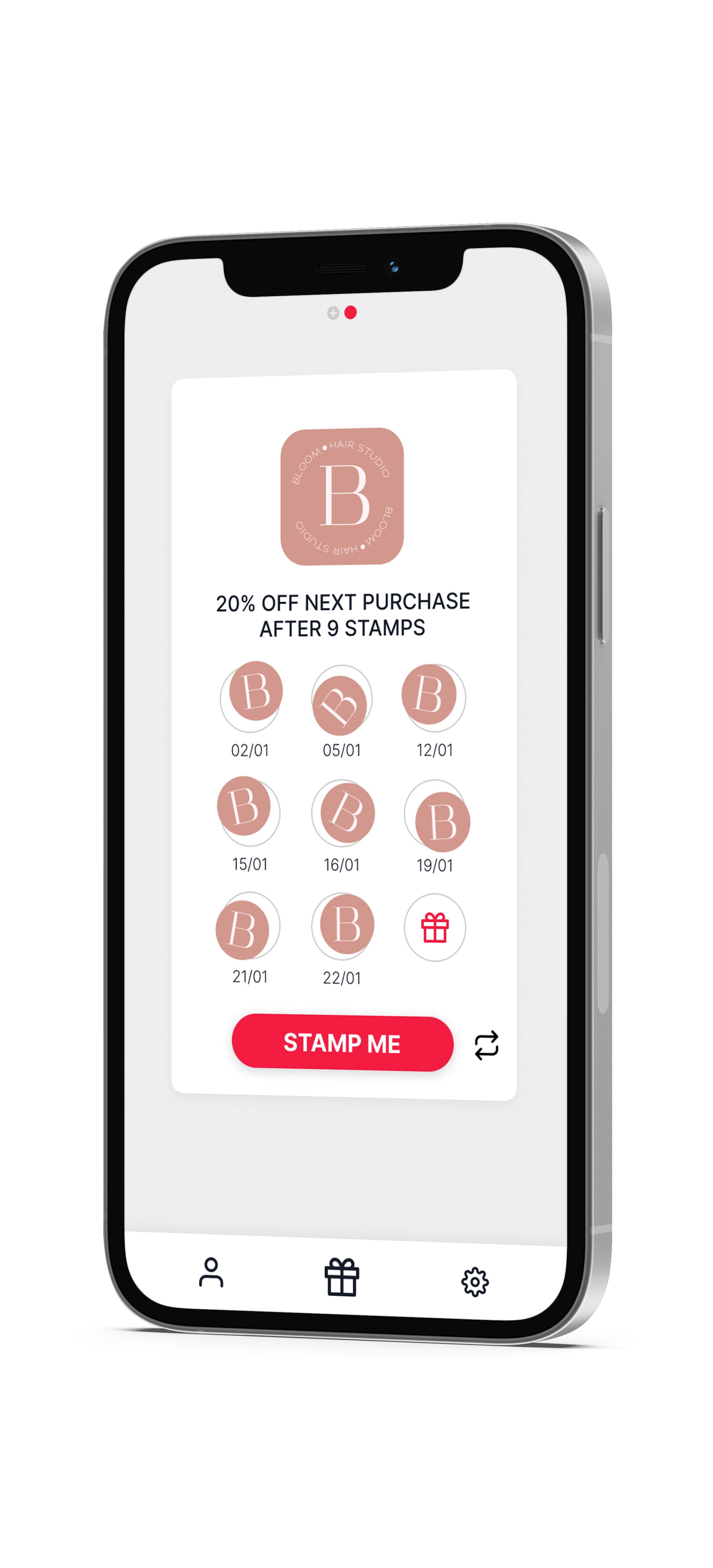 Phone frame with Stamp Me app. 